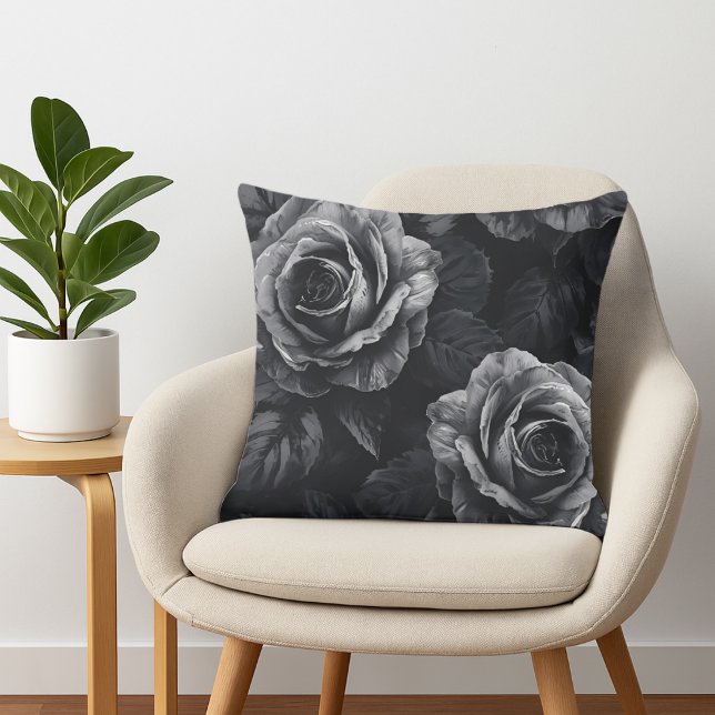 Almofada Rosas Monocromáticas Pretas e Brancas Elegantes (Monochrome rose throw pillow)