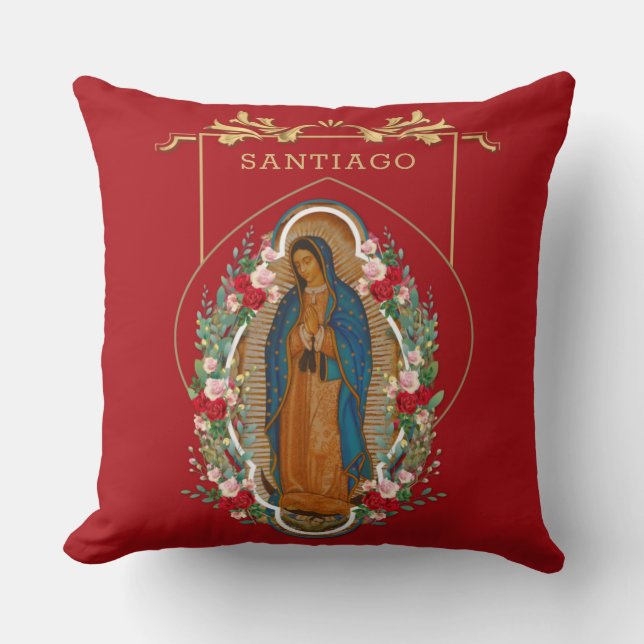 Almofada Rosas Religiosos Católicos da Virgem Guadalupe (Frente)