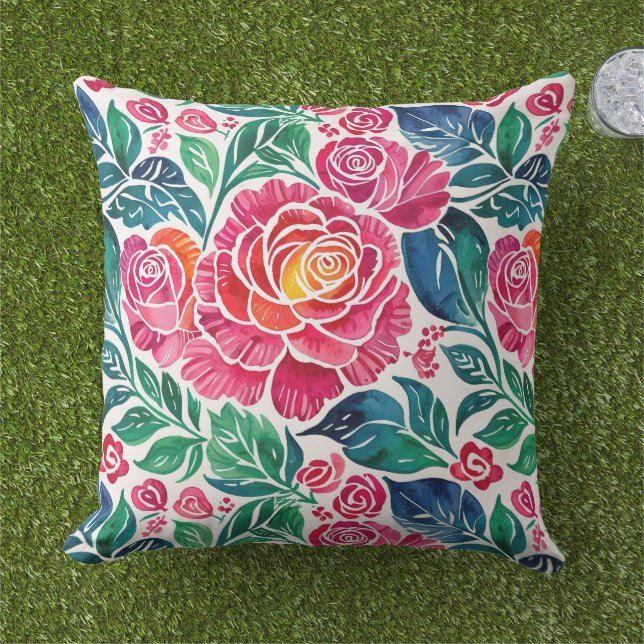Almofada Rosas Rosa Brilhantes e Floral Teal (Grama)