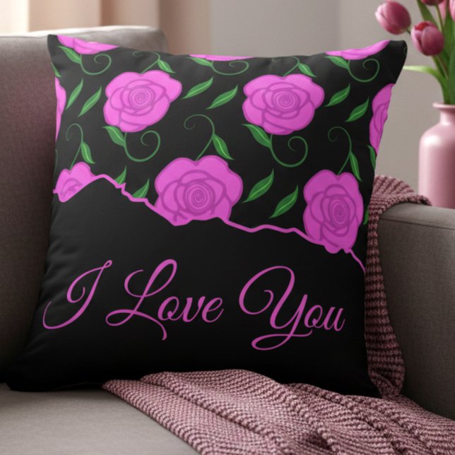 Almofada Rosas Rosa Escuro no Preto Eu Te Amo (Pink roses on black. Elegant and personal. Great for mom, partner or anyone you love.)