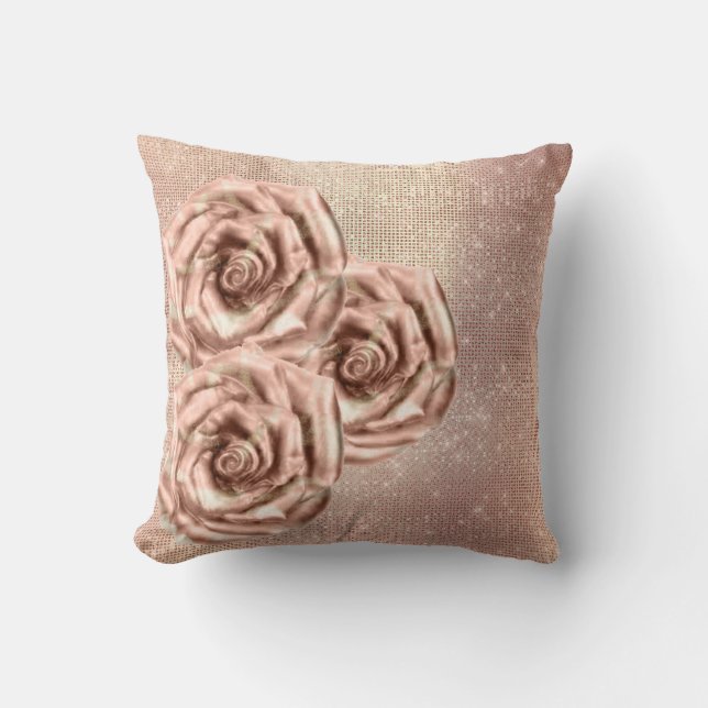 Almofada Rosas Rosa Flores Douradas Sequência de Cobre (Frente)