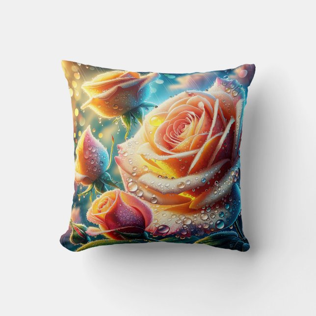 Almofada "Rosas Rosa, Laranja e Amarelo, Cinzentas, Cinzent (Frente)