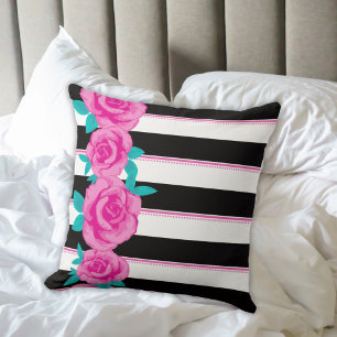 Almofada Rosas rosa-quente no Travesseiro em branco e preto
