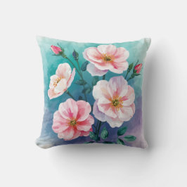 Almofada Rosas Selvagens Rosa Azul Turquesa em Aquarela
