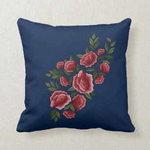 Almofada Rosas vermelhas bordadas Verde Folha Floral Azul
