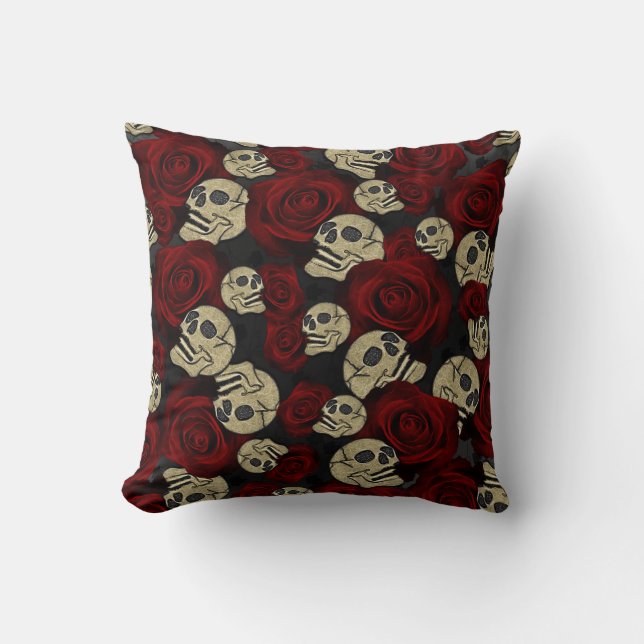Almofada Rosas Vermelhas & Caveiras Cinza Floral Gótico Pre (Frente)