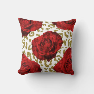 Almofada Rosas Vermelhas Cheetah Dourado Estampa de Animal