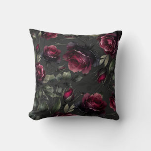 Almofada Rosas Vermelhas de Bordéus Sombreado Floral Cinza