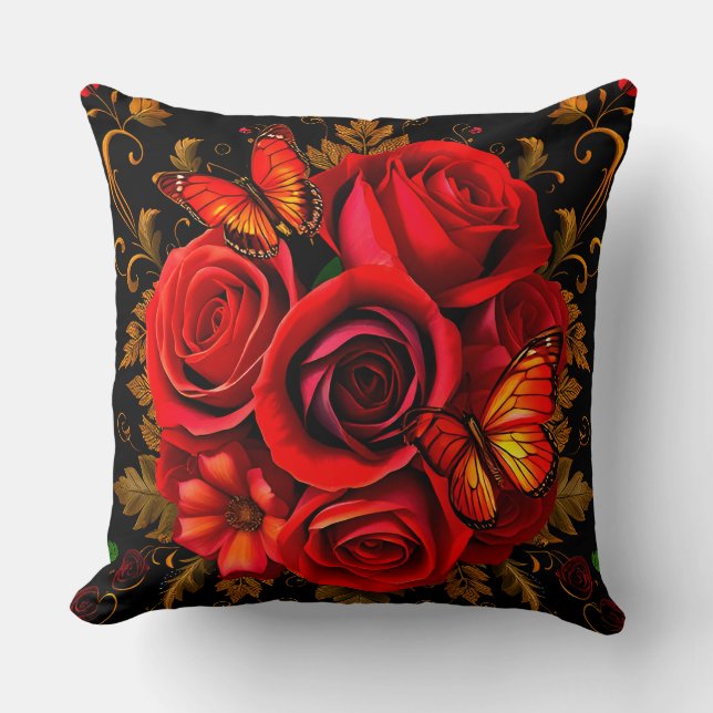 Almofada Rosas Vermelhas Elegantes com Borboletas (Frente)