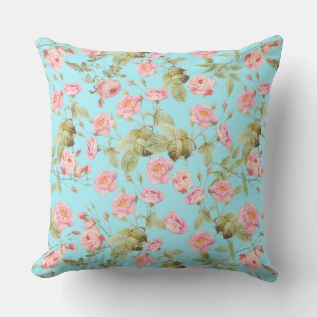 Almofada Rosas vitorianos de Verão, Padrão no Teal (Frente)