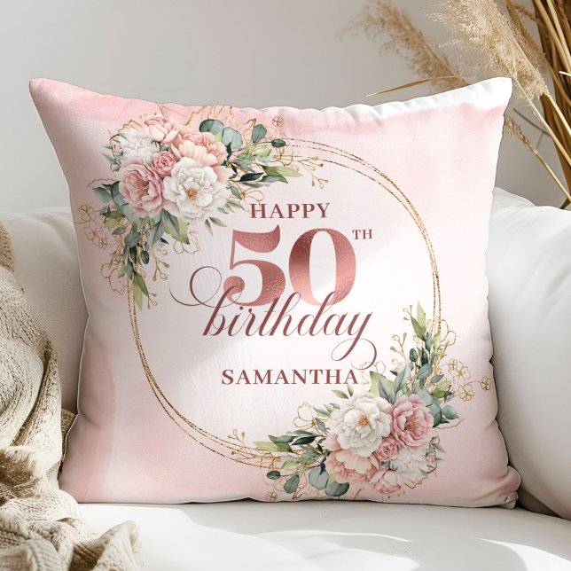 Almofada Rose Gold Blush Floral 50th Birthday Pillow Gift (Rose gold floral 50th birthday,
dusty pink blush gold glitter,
opulent Soft pastel   pink flowers, 
)