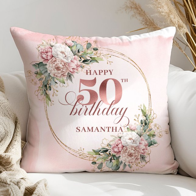 Almofada Rose Gold Blush Floral Greenery 50th Birthday  (Rose Gold Blush Floral Greenery 50th Birthday Pillow Gift)