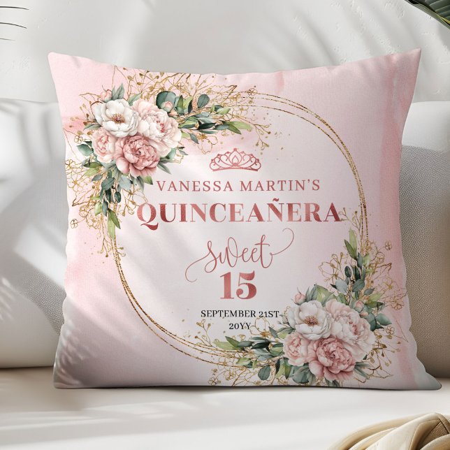 Almofada Rose Gold Floral Eucalyptus Quinceañera Gift (Rose Gold Floral Eucalyptus Quinceañera Pillow Gift)