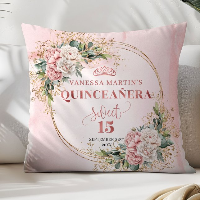 Almofada Rose Gold Floral Eucalyptus Quinceañera Gift (Rose Gold Floral Eucalyptus Quinceañera Pillow Gift)