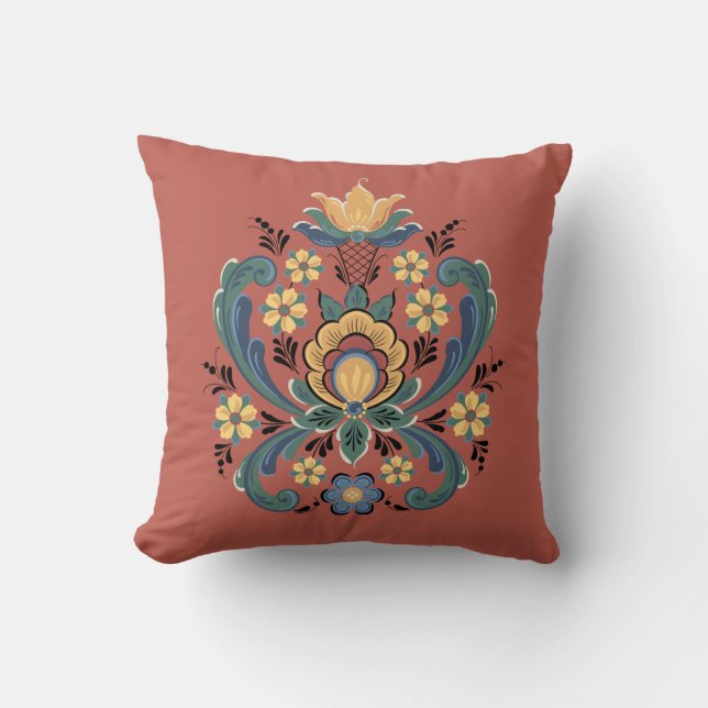 Almofada Rosemaling in Red and Dourado (Frente)