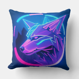 Almofada Rosto de Lobo Neon Futurista em Arte Geométrica