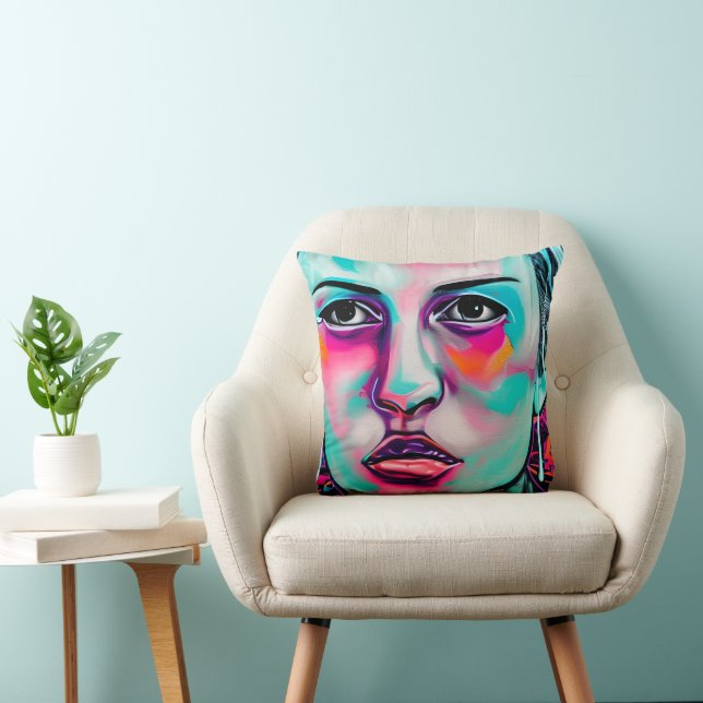 Almofada Rosto de Mulher Abstrata Arte Azul e Rosa (Cadeira)