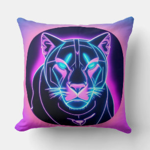 Almofada Rosto de Pantera Neon Futurista em Arte Geométrica