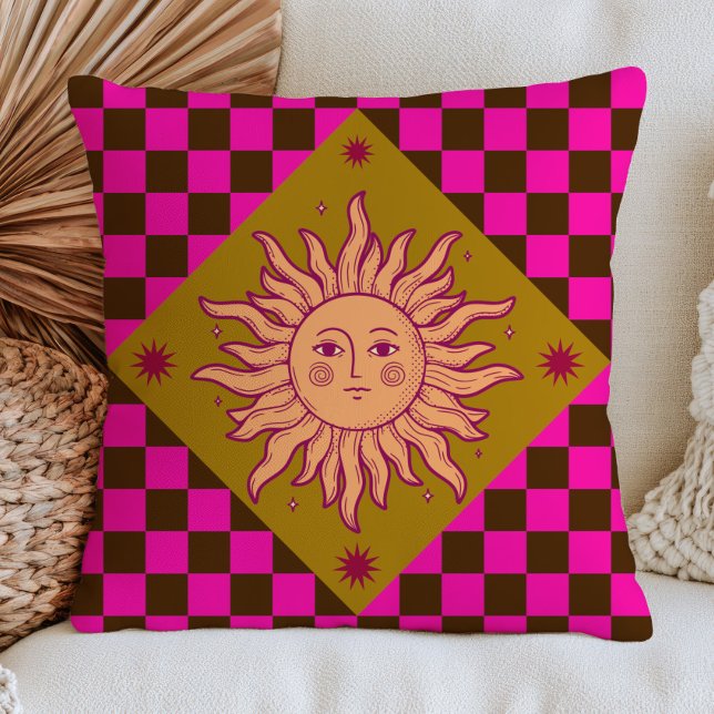 Almofada Rosto de Sol Boêmio em Padrão Xadrez Fuchsia (Criador carregado)