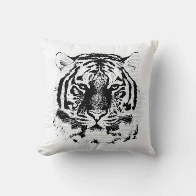 Almofada Rosto de Tigre Preto e Branco Close Up (Frente)