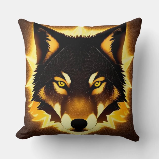 Almofada Rosto do Lobo Radiante Iluminado pela Luz do Ouro (Frente)