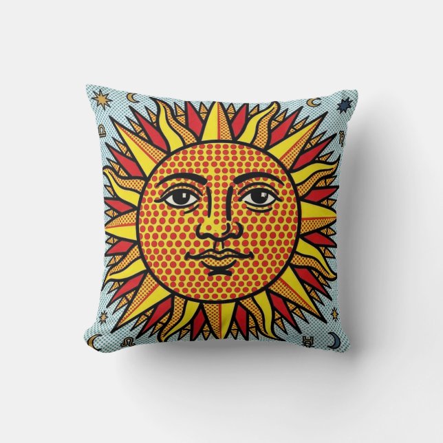 Almofada Rosto do Sol Celestial Estilo Pop Art de História  (Frente)