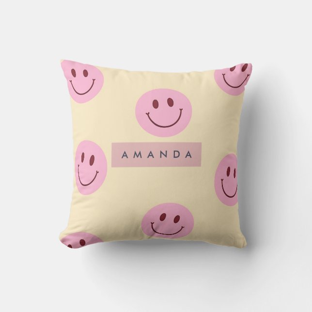 Almofada Rosto Sorridente Personalizado Amarelo Pastel e Ro (Frente)