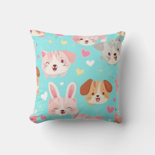 Almofada Rostos de Animais Fofos e Corações Pastel
