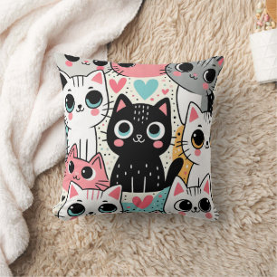 Almofada Rostos de Gatos Kawaii Fofos e Corações Caprichoso