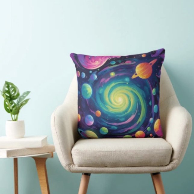 Almofada Rotação Planetária (Neon Galaxy Space Throw Pillow – Cosmic Spiral Planets Home Decor Trippy Nebula Sofa Cushion Gift)