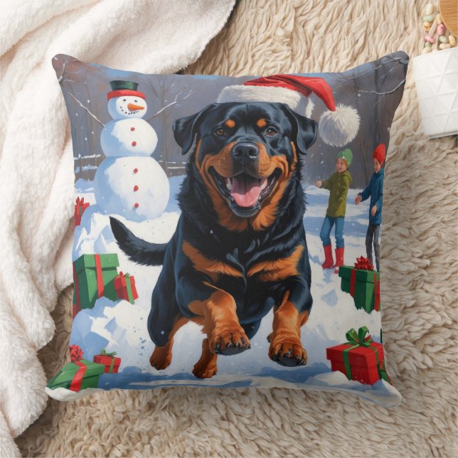 Almofada Rottweiler Correndo na Neve com Chapéu de Natal (Cobertor)