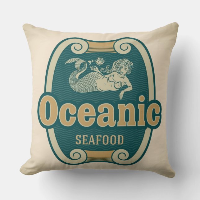 Almofada Rótulo de frutos do mar com sereia, com estilos re (Frente)