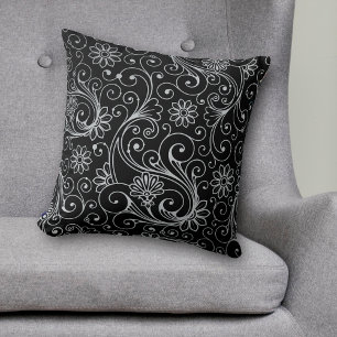 Almofada Rotura Floral Prateada a Preto