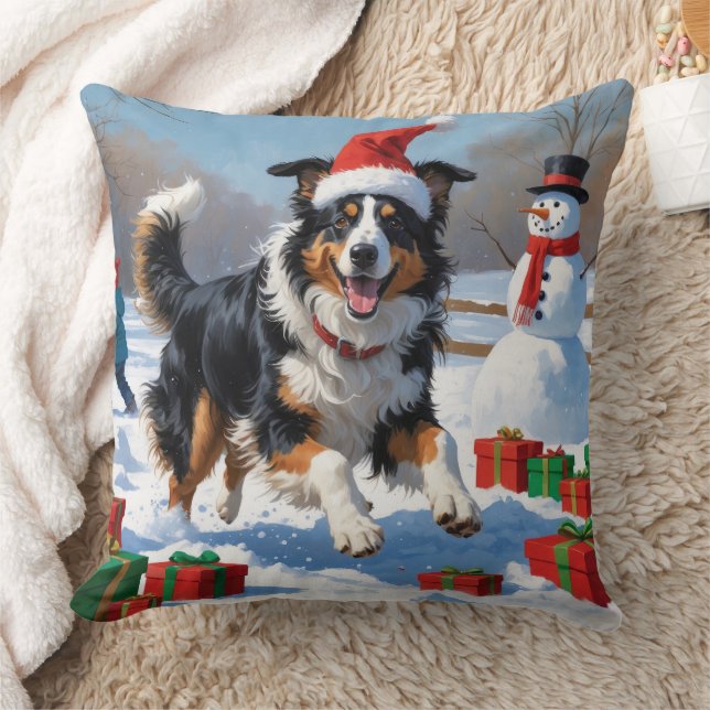 Almofada Rough Collie Correndo na Neve com Chapéu de Natal (Cobertor)