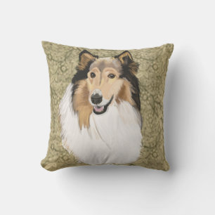 Almofada Rough Collie sobre um fundo floral castanho