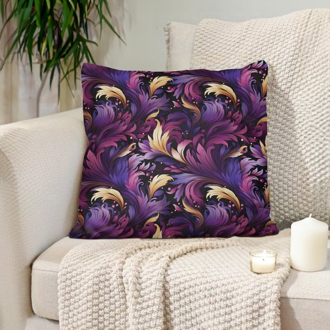 Almofada Roxo Ameixa Dourado Barroco Ornamentado  (Deep plum purple and gold baroque-style luxury decorator pillow)