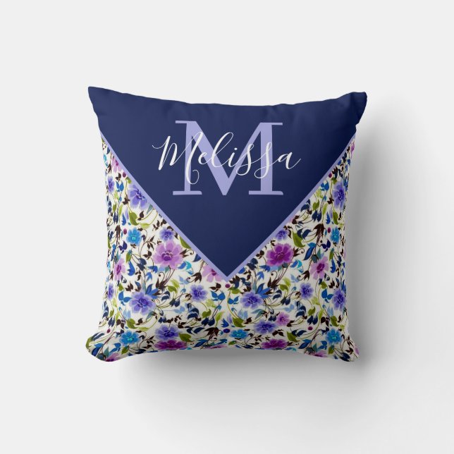 Almofada Roxo e azul floral personalizado (Frente)