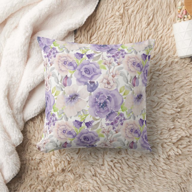 Almofada Roxo Lilás Floral Aquarela  (Cobertor)