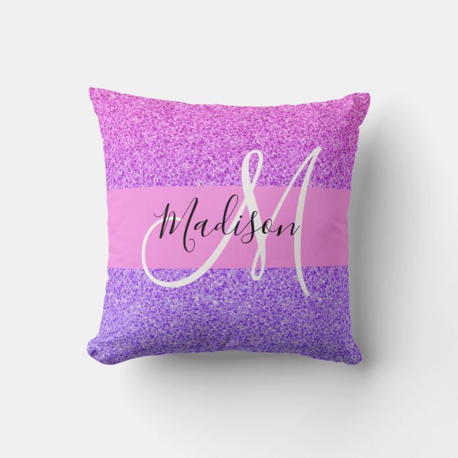 Almofada Roxo Rosa Glitter Faísca Gradiente Monograma (Frente)