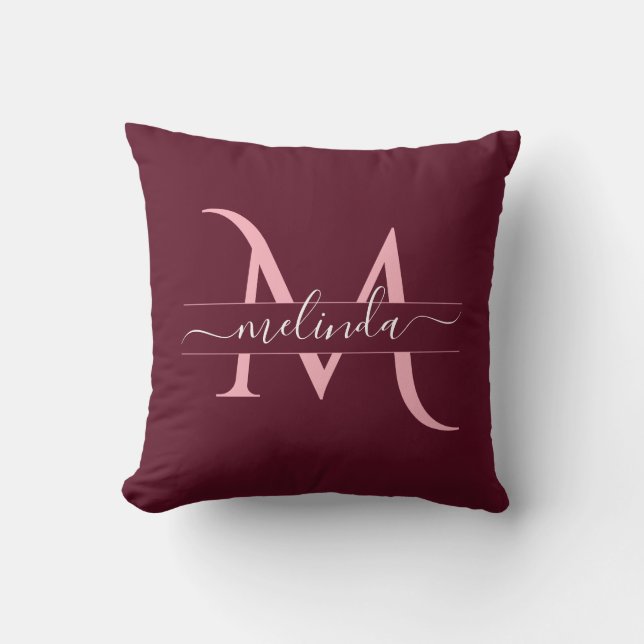 Almofada Roxo Rosa Nome Personalizado Monograma Script (Frente)