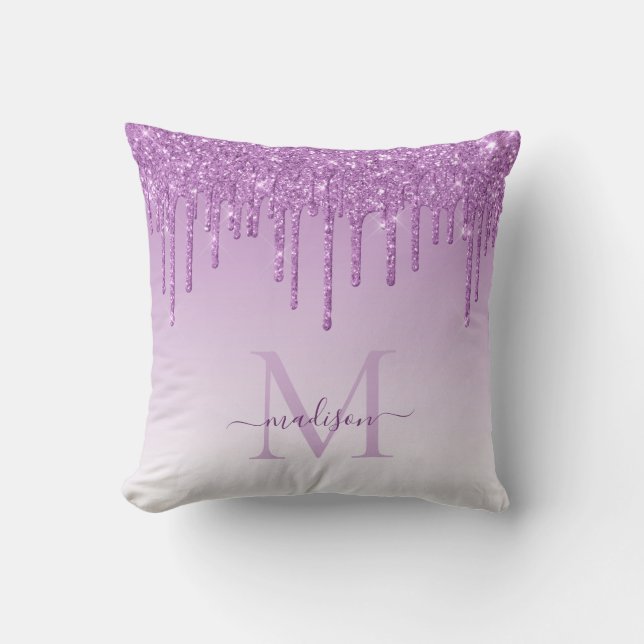 Almofada Roxo Violeta Brilho Gotas Glam Monograma Script (Frente)