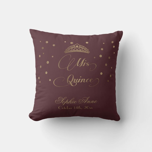 Almofada Royal Burgundy Dourada Mis Quince Script Quinceañe (Frente)