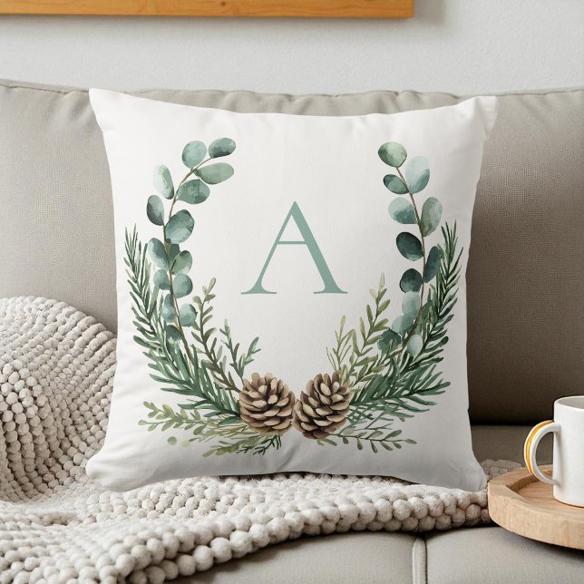 Almofada Rua de Aquarela Russa - Natal Personalizado (Rustic Watercolor Wreath Personalized Christmas Throw Pillow)