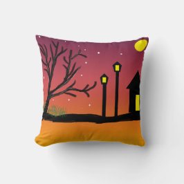 Almofada Rua Sunset de inverno com neve e silhuetas