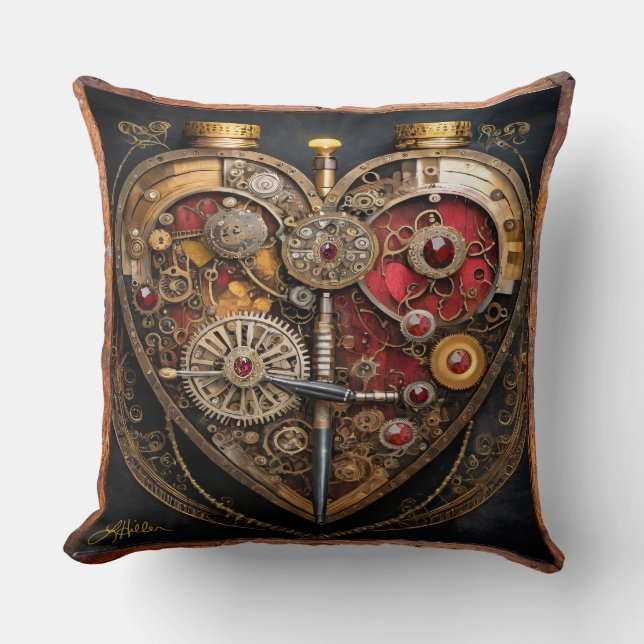 Almofada Rubis e Engrenagens Steampunk Coração Sombrio (Frente)