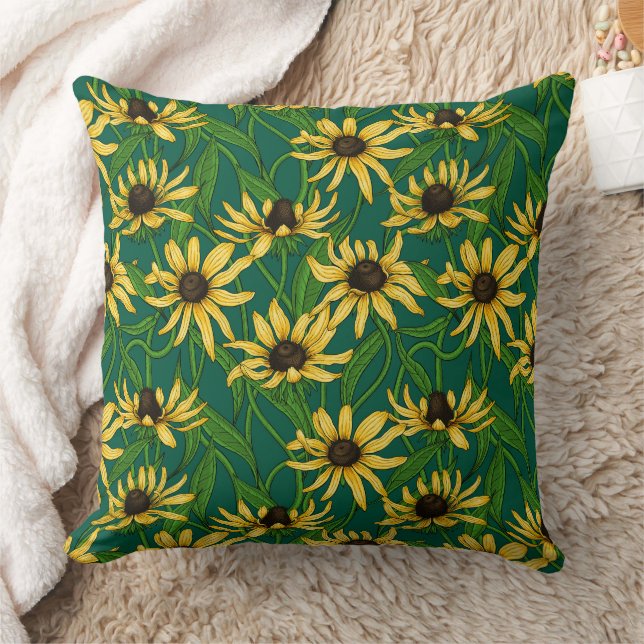 Almofada Rudbekia amarela em verde escuro (Cobertor)