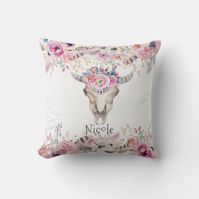 Almofada Russo Floral Cow Skull Boho Chic Glam Personalizad (Frente)