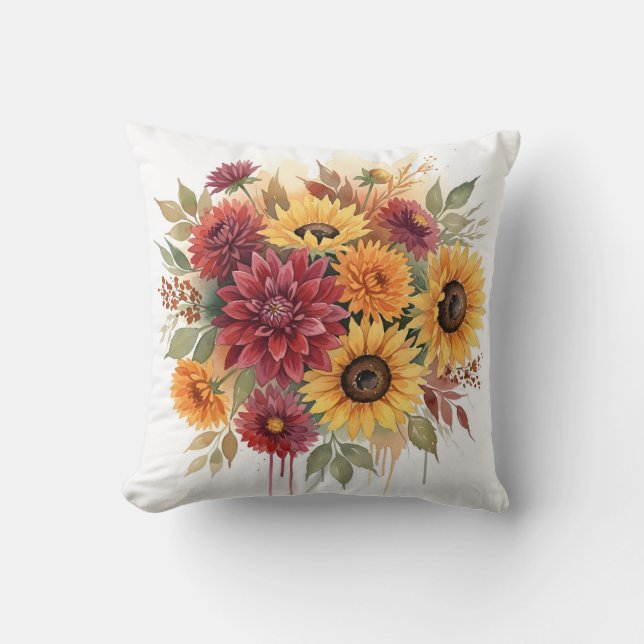 Almofada Rustic Autumn Sunflower and Burgundy Dahlia (Frente)