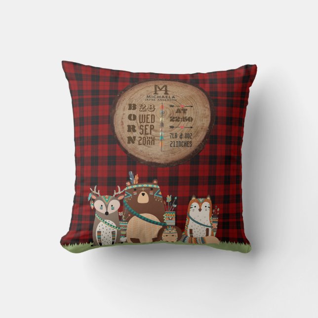Almofada Rustic BABY STATS Lumberjack Woodland Animal (Frente)