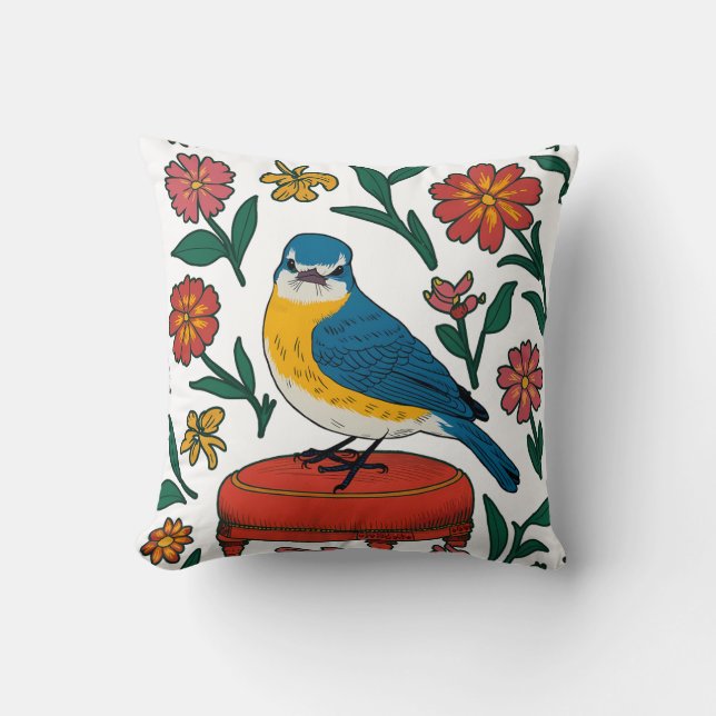 Almofada Rustic Bluebird on Pouf in Folk Art (Frente)
